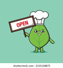 Cute cartoon green leaf character holding open sign designs in concept 3d cartoon style