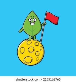 Cute cartoon Green leaf character standing on the moon with flag in 3d modern design