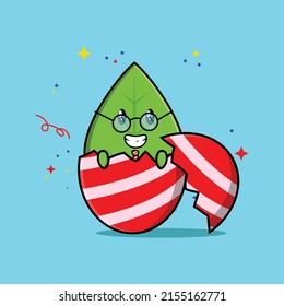 Cute cartoon green leaf character coming out from easter egg look so happy in illustration cartoon