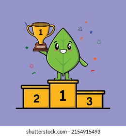 Cute cartoon green leaf as the first winner with happy expression in 3d modern style design