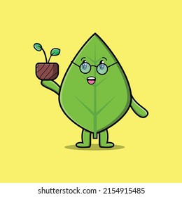 Cute cartoon green leaf holding plant in a pot 3d modern style design