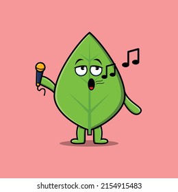 Cute cartoon green leaf singer character holding mic in 3d modern style design