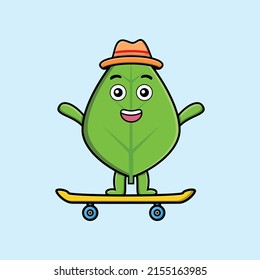 cute cartoon green leaf standing on skateboard with cartoon vector illustration style