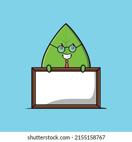 Cute cartoon green leaf teacher character with big whiteboard in 3d cartoon style concept