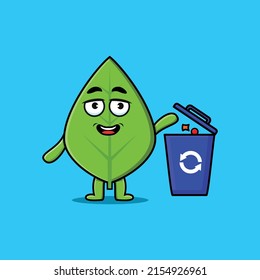 Cute cartoon green leaf throwing trash in the trash in 3d modern style design
