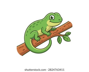 Cute Cartoon Green Lizard Reptile Sitting on a Tree Branch Illustration