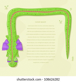 Cute Cartoon Green Long Dragon Invitation Card. Vector Greeting Background