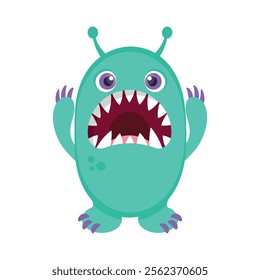 Cute cartoon green monster in childish style with big mouth and fangs. Vector illustration