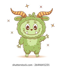 Cute Cartoon green Monster. Cool Funny kawaii horned Character. Vector illustration. Kids collection for sticker, mascot, design Not AI