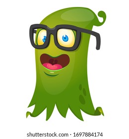 Cute cartoon green monster talking. Vector Halloween illustration