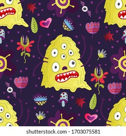 Cute cartoon green monster vector seamless pattern in a flat style. Funny kid alien character background. Mutant beast animal comic wallpaper on a dark background.