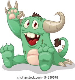 Cute cartoon green monster. Vector illustration with simple gradients. Character and shadow on separate layers for easy editing.