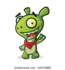 Cute cartoon green monster wearing a bandannas wrapped around his neck waving a friendly and pleasant expression