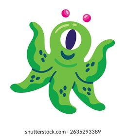 Cute Cartoon Green Octopus Alien with One Eye