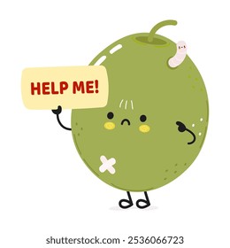 Cute cartoon Green olive character holding a sign with a plea for help. Vector hand drawn cartoon kawaii character illustration icon. Isolated white background. Suffering unhealthy Green olive concept