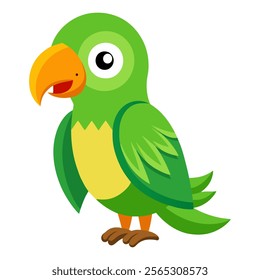 Cute cartoon green parrot isolated on white background. Side view. Vector illustration.