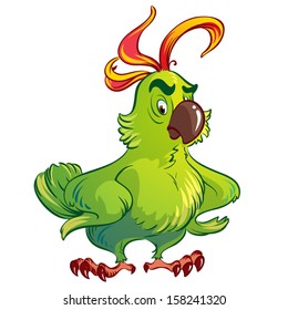 Cute cartoon green parrot. Vector illustration on white background.