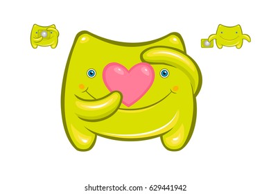 Cute cartoon green smiling baby monster with pink heart in hands
