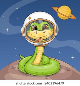 A cute cartoon green snake astronaut in a helmet on the planet. Space animal vector illustration on dark blue background with stars and saturn.