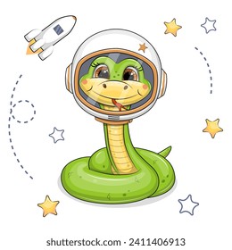 Cute cartoon green snake astronaut with stars and spaceship. Space vector illustration of animal on white background.