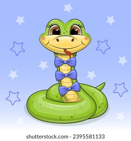 Cuta caricatura de serpiente verde con corbatas de arco azul. Ilustración vectorial del animal sobre el fondo azul con estrellas.