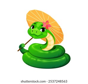 Personagem de cobra verde desenho animado bonito segurando um guarda-chuva. Símbolo do ano lunar chinês de 2025. Cobra animal réptil com uma flor na cabeça, olhos grandes e sorriso suave deitado em pose elegante com um guarda-sol