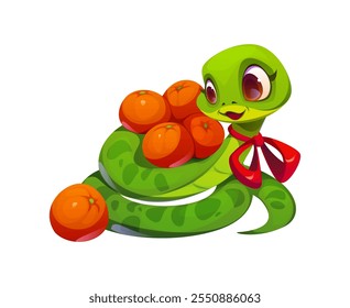 Cute cartoon green snake character with a playful expression, curled around a pile of mandarin fruits with a one lying beside, symbolize prosperity and good luck for the 2025 Chinese Lunar New Year