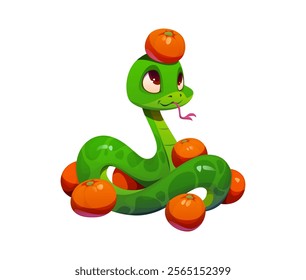 Cute cartoon green snake character with a playful expression, and scatter mandarin fruits with a one lying on its head, symbol of wealth, prosperity and good luck for the 2025 Chinese Lunar New Year