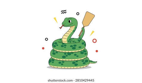 Cute cartoon green snake coiled up and holding a wooden paddle with its tail while smiling in a fun and artistic style.