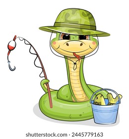 Cute cartoon green snake in the hat holds a  fishing rod and a bucket with fish. Vector illustration of animal on white background.