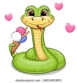 Cute cartoon green snake holding an ice cream. Vector illustration of an animal with pink hearts on a white background.