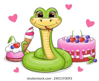 Cute cartoon green snake with ice cream and cakes. Vector illustration with animals and desserts on a white background.