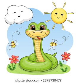 Cute cartoon green snake in nature. Spring vector illustration of an animal with flowers and bees on a blue background with sun and cloud.