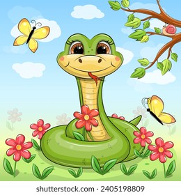 Cute cartoon green snake in nature. Vector illustration of animal in nature with red flowers, yellow butterflies, tree, blue sky and white clouds.