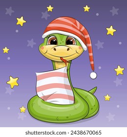 Cute cartoon green snake in nightcap is going to sleep with a pillow. Night vector illustration on dark background with stars.