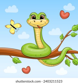 Cute cartoon green snake on a tree. Vector illustration of an animal in nature on a blue background.