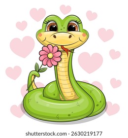 Cute Cartoon Green Snake with pink flower. Vector Illustration with animal on white background with pink hearts.