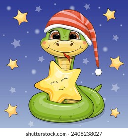 Cute cartoon green snake in red nightcap holds a yellow star. Night vector illustration on dark blue background with stars.