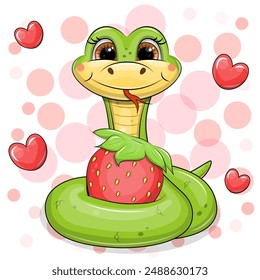 Cute cartoon green snake with red strawberry. Vector illustration of animal on red background with hearts.