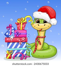 Cute cartoon green snake in Santa hat with gifts. Christmas vector illustration of animal  on the blue background. 