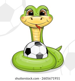 Cute cartoon green snake with soccer ball. Vector illustration of an animal on a white background with balls.