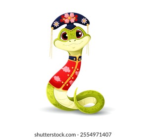 Cute cartoon green snake in traditional Chinese hat adorned with flowers and red vest with golden decor, smiling warmly. 2025 Chinese lunar year serpent character, zodiac reptile animal holiday symbol