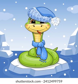 Cute cartoon green snake in a warm hat and scarf on ice. Winter vector illustration of an animal on a blue background with snow and icebergs.