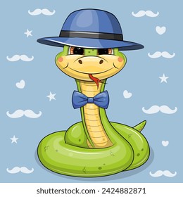 Cute cartoon green snake wearing a blue hat and bow tie. Vector illustration on a blue background.