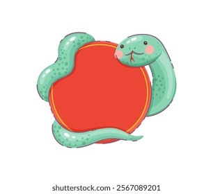 Cute cartoon green snake wrapped around a round red banner with golden trim, symbolizing good luck and prosperity. Vector playful and festive cultural decorations for Chinese lunar new year 2025