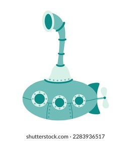 cute cartoon green submarine with periscope, flat colorful vector illustration isolated on white background, simple design