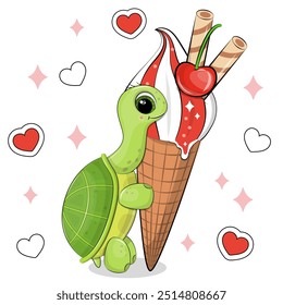 Cute cartoon green tortoise holds a big ice cream. Summer animal vector illustration on white background with red hearts. 