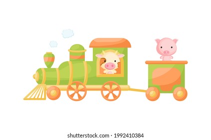 Cute cartoon green train with cow driver and pig on waggon on white background. Design for childrens book, greeting card, baby shower, party invitation, wall decor. Vector illustration.