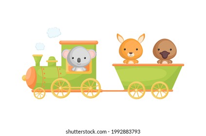 Cute cartoon green train with koala driver and kangaroo, platypus on waggon on white background. Design for childrens book, greeting card, baby shower, invitation, wall decor. Vector illustration