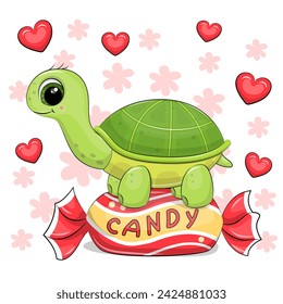 Linda tortuga verde de dibujos animados con barra de caramelo. Ilustración vectorial de un animal sobre un fondo blanco con corazones.